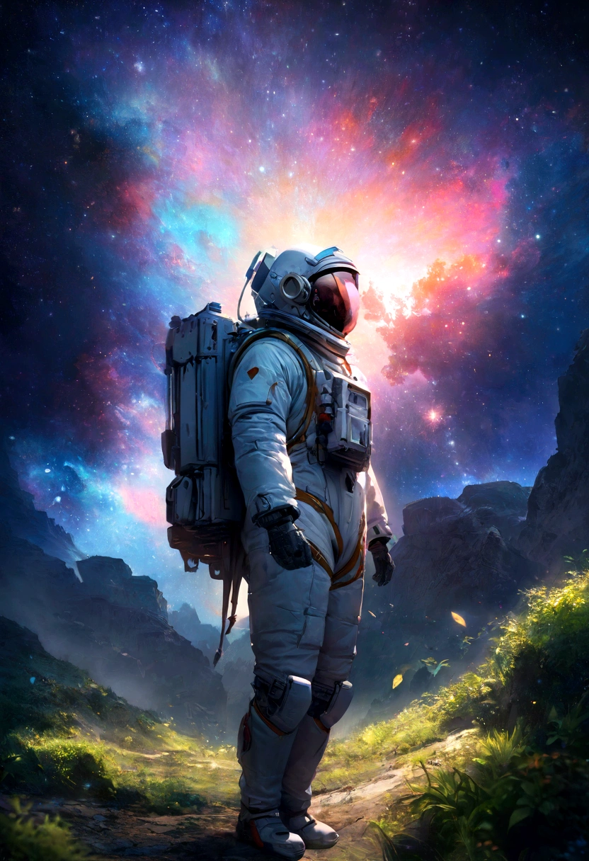 an astronaut standing in a lush field, nomanssky style wallpaper, 4K high resolution concept art beautiful masterpiece,abstract dream, space, intricate, large scale, alone, cinematic film still, Insane detail, sharp focus, depth of field , realistic lighting, (realistic perspective), complex, (multiple subjects), 4k HDR,