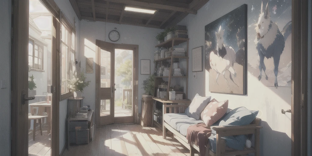 (nobody:1.2),(masterpiece:1.2), best quality,Pixif,Warm animated scenes,cozy anime,indoor,通往Outside the door的走廊,Outside the door,close up