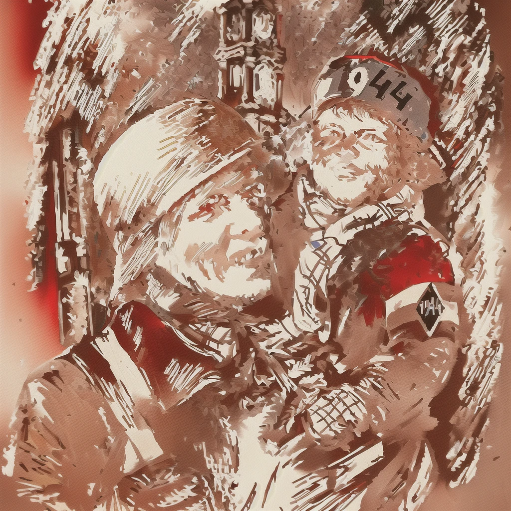 A German soldier in uniform holding a , winter scene, new year German propaganda poster, church in the background, white-red-white flag, colourized, realistic, cinematic lighting, highly detailed, intricate, masterpiece, 8k, photorealistic