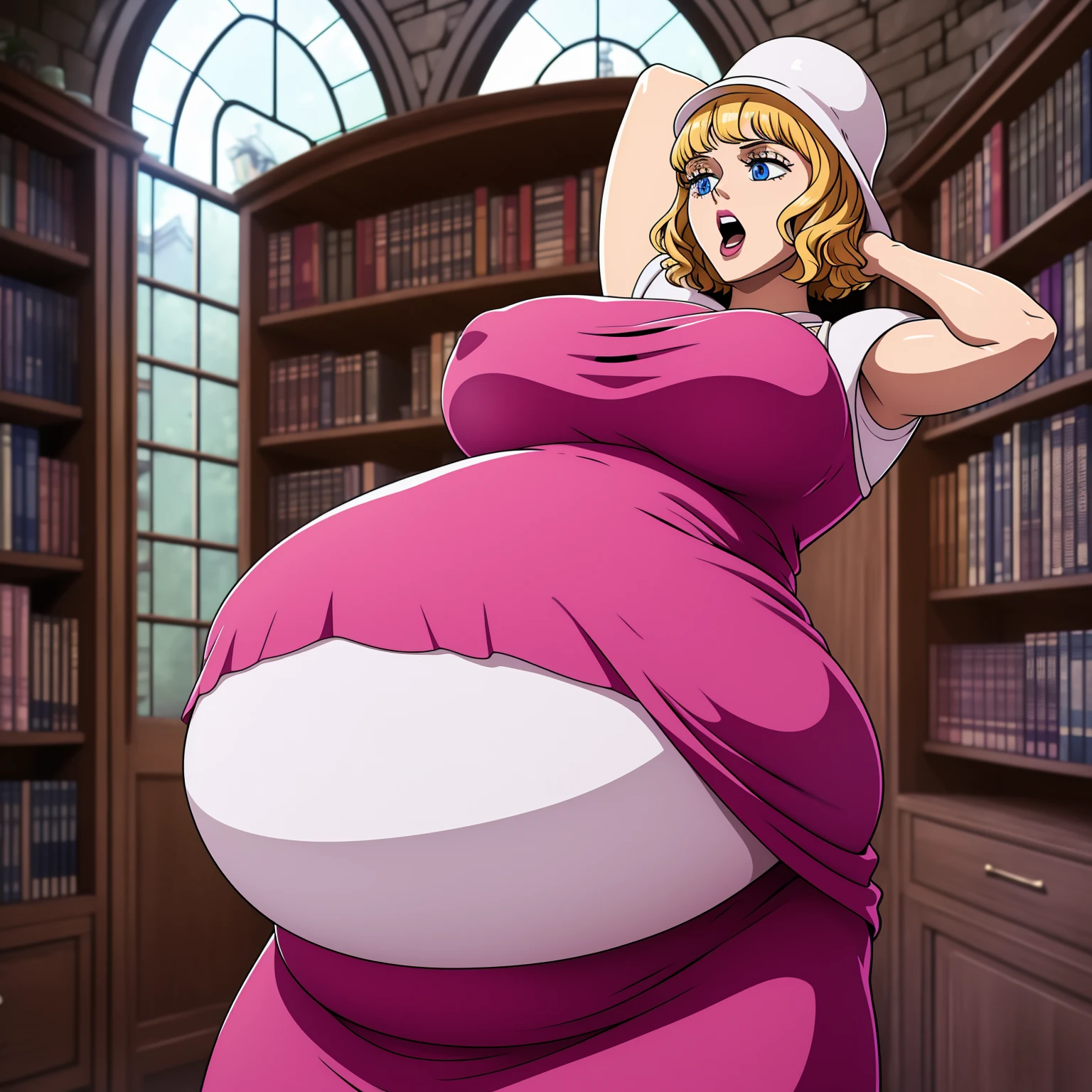 ultra realistic 8k cg, masterpiece, (ultra detailed background, delicate pattern, intricate detail), (highly detailed, fine details), best quality, beautiful lighting, absurdres, film grain, ((medium breasts)), complex detailed background, inside, castle room environment, medieval castle, gray walls, window, bookshelf, Stussy, 1girl, solo, covered chest, short hair, blonde hair, blue eyes, white hat, flower, makeup, lipstick, dress, gloves, ((big belly, massive belly, chubby, giant belly)), shocked, open mouth, (hands behind head:1.4), (solo:1.5)