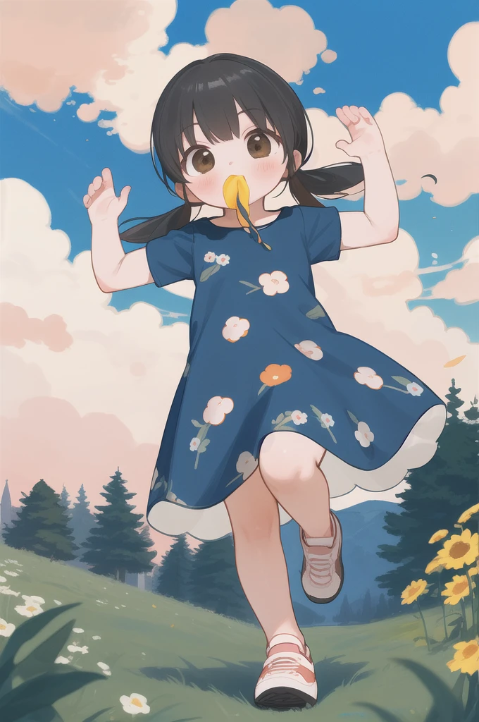 (Highest quality,masterpiece:1.3),((1 cute girl:1.2)),(child,8-year-old:1.4), Low twin tails, hair, alone, Outdoor, cloud, black hair, dress, White footwear,Red Sky, shoes, Short sleeve, sneakers, View your viewers, Brown eyes, white dress, whole body, (Dynamic pose:1.3), Day, cloudy sky, Floral print, 前hair, blue sky, Grass, blush, wood, Mouth closed, city,From below, running