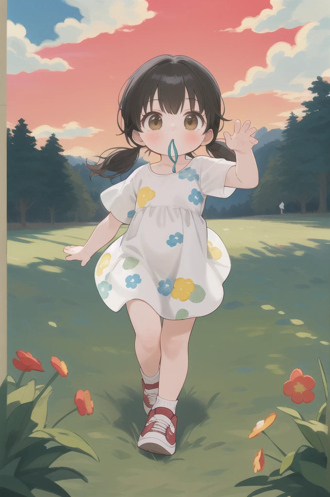 (Highest quality,masterpiece:1.3),((1 cute girl:1.2)),(child,8-year-old:1.4), Low twin tails, hair, alone, Outdoor, cloud, black hair, dress, White footwear,Red Sky, shoes, Short sleeve, sneakers, View your viewers, Brown eyes, white dress, whole body, (Dynamic pose:1.3), Day, cloudy sky, Floral print, 前hair, blue sky, Grass, blush, wood, Mouth closed, city,From below, running