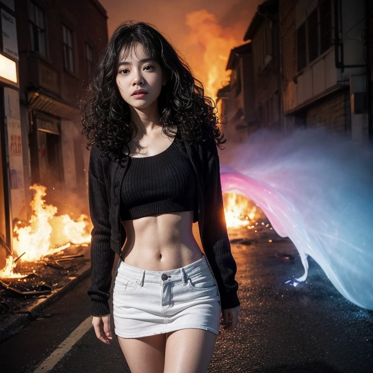 One Young Girl. A slim body. Tanned skin color. The eyes are dark brown. (Hair is curly, black). Corpses lie in the streets, deadly flames rage above the houses. And this whole nightmare of the fiery Apocalypse is the work of one person. The talent of telekinesis lay dormant for many years, only to wake up one day. And then death came to the town. (portrait, digital, pop art, expressionism). (Art by Hsiao-Ron Cheng). (Art by Igor Zenin).