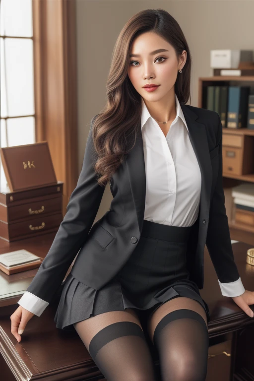 (Upper class elite secretary in light underwear), sit a chair,working in an office、 (Wear pantyhose)、(Long Layer Hair)、crossed legs, Wear high-end heels、 (thighhighs and skirt), Shirt Secretary, merchant, Wear shirts and skirts, Business attire, business outfit, Raw photo, (8K、top-quality、tmasterpiece:1.2)、(intricate detailes:1.4)、(Photorealsitic:1.4)、octane renderings、Complex 3D rendering ultra detail, vibrant detail, super detailing, realistic skin textures, Detal Face, Beautiful detail eyes, Very detailed CG Unity 16k wallpaper, Makeup - Makeup, (detailedbackground:1.2), shiny skins