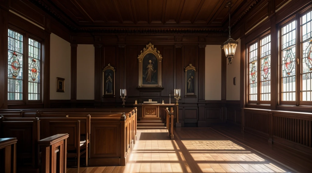 (Best Quality,4K,8k,High resolution,masterpiece:1.2),Ultra-detailed,(Realist,fotorRealist,fotorRealist:1.37),In the courtroom,Nobody is here,Angle from the gallery,anxiety,fear,There are no windows.,The altar in front,Witness stand in front,室内にThere are no windows.,No outside light can enter,