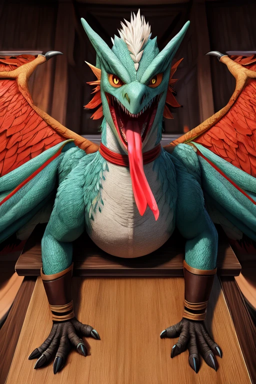 Tiny Dead, feathered wyvern body laying on the table. Wings spread out and Strapped to the table with leather straps. Mouth wide open with no teeth and fangs and tooth, close up. Milk dripping out of mouth splattering onto the table. Milk splatter on top of head. Photorealistic. Head tied down to the table near the edge of the table. The wyvern is in a bowling position