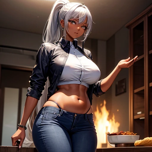 A dark-skinned woman with silver hair in a ponytail and wearing a black dress shirt and slim jeans, with a large penis growing out of her vagina, is making naan curry。.　Showing your belly button