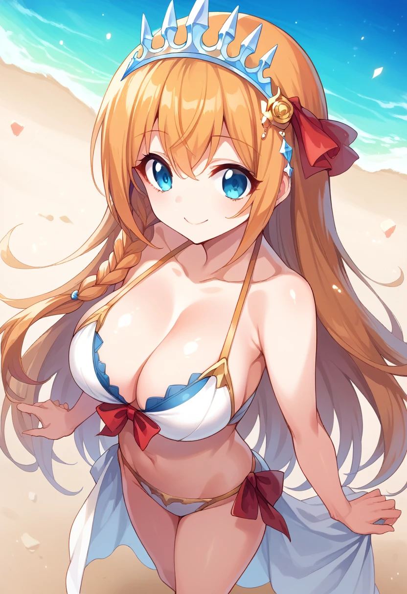 anime style, high view, pecorine, mature female, blue eyes, big chest, bikini, hair ornament, long hair, orange hair, tiara, braid, hair braid, standing, smile, hand back body, beach, Volumetric light, Volumetric particles,