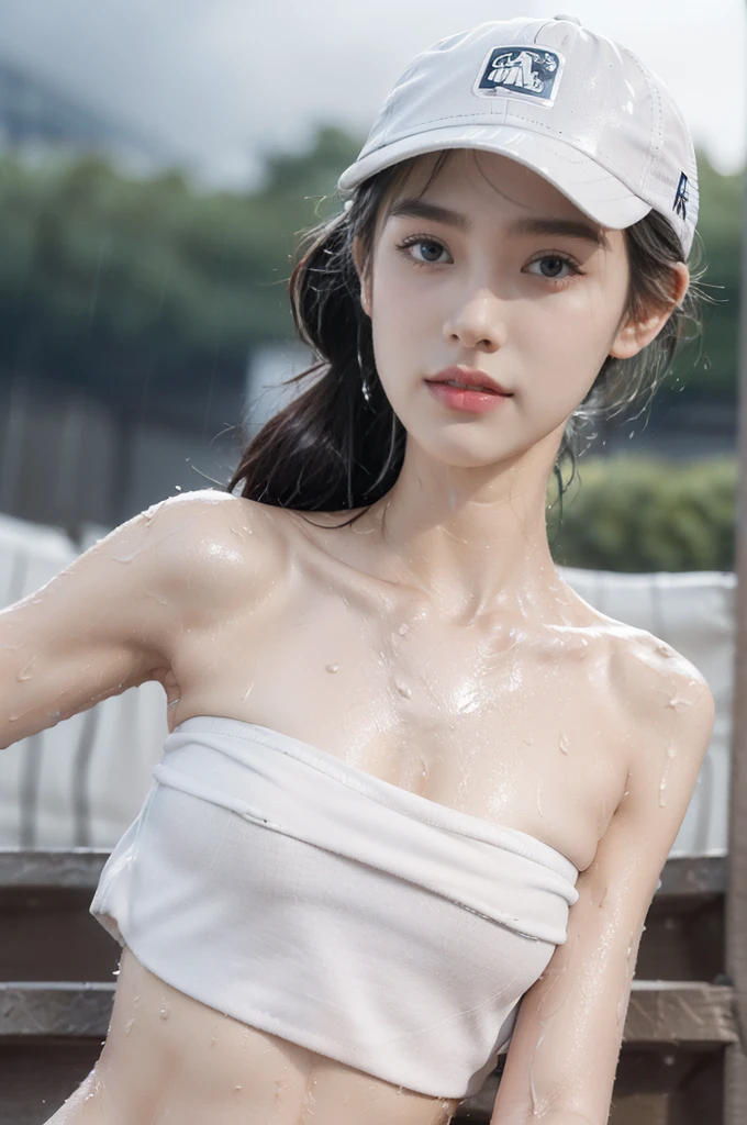 (Extremely meticulous CG),(((8k))),wallpaper,((Extremely refined and beautiful)),(((Masterpiece))),(((best qualtiy))),(((Ultra High Resolution))),realistic shaded,(Smooth and flawless fair skin:1.5),(Extremely exquisite facial details:1.2),(ultra-detailed:1.5),((a beautiful girl,solo)),(White baseball cap:1.5),(short ponytail:1.3),(wet hair:1.5),(small head:1.2),(slender face:1.2),(Exquisite makeup:1.3),(happy:1.2),(laughing:1.2),(perfect body:1.1),(wet:1.5),(sweat:1.3),(shiny skin:1.5),(strapless white bra:1.3),(small breasts:1.3),(flat chest:1.2),((slim,thin)),(from front:1.3),(standing:1.3),(at the schoolgate:1.5),(urban landscape:1.3),(outdoor:1.3),(summer:1.3),(day scene:1.3),(dark lighting:1.5),(cloudy:1.5),(rainy:1.3),(overcast:1.5),(close-up of face:1.3),(surrounded by crowded crowds:1.5)