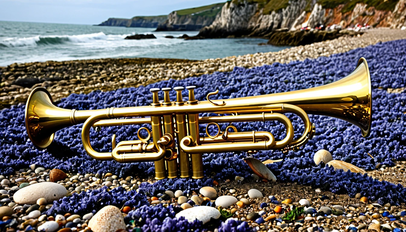 A trumpet,photograph,Best Quality,Seaside, instruments on the ground