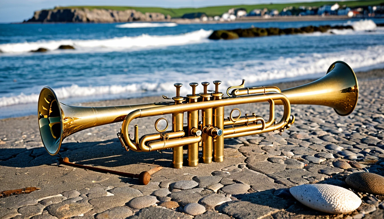 A trumpet,photograph,Best Quality,Seaside, instruments on the ground