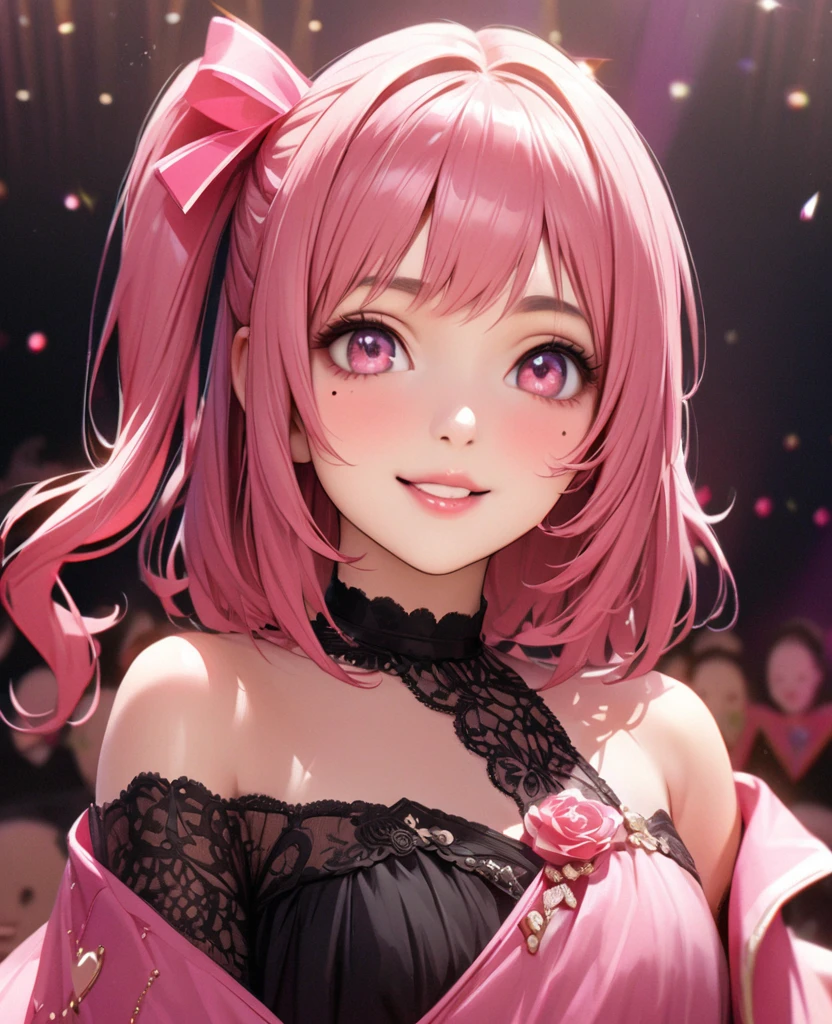 One Girl、Looking at the audience、
Beautiful pink eyes、Pink one side up hair, Mole under the eye、Plump and glossy lips、Heart-shaped choca、Idol、Her name is Rico,smile、ー、。.。.。.。.。.。.。.。.。.。.。.。.。.。.。.。.。.。.3D、Realistic、
off shoulder dress, Drape clothes、gem、The decoration has been removed、Floral、Lace trim,On a glittering stage、
masterpiece、highest quality、8k、Detailed skin texture、Detailed cloth texture、Beautifully detailed face、Intricate details、Very detailed、
超A high resolution、8k Ultra HD、Film Grain、Best Shadow、delicate、Gazing at the audience、front