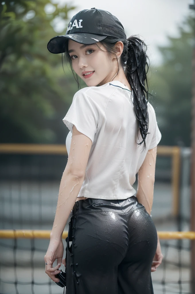 (Extremely meticulous CG),(((8k))),wallpaper,((Extremely refined and beautiful)),(((Masterpiece))),(((best qualtiy))),(((Ultra High Resolution))),realistic shaded,(Smooth and flawless fair skin:1.5),(Extremely exquisite facial details:1.2),(ultra-detailed:1.5),((a beautiful girl,solo)),(White baseball cap:1.5),(short ponytail:1.3),(wet hair:1.5),(small head:1.2),(slender face:1.2),(Exquisite makeup:1.3),(happy:1.2),(laughing:1.2),(perfect body:1.1),(wet:1.5),(sweat:1.3),(shiny skin:1.5),(white shirt with short sleeves:1.3),(bare back:1.3),(towering hips:1.3),(butt crackl:1.3),(black gauze pants:1.5),((slim,thin)),(from back:1.3),(standing:1.3),(at the schoolgate:1.5),(urban landscape:1.3),(outdoor:1.3),(summer:1.3),(day scene:1.3),(dark lighting:1.5),(cloudy:1.5),(rainy:1.3),(overcast:1.5),(upper body:1.3),(surrounded by crowded crowds:1.5)