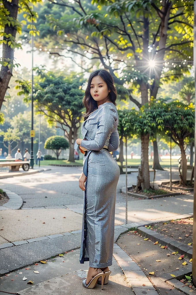 pretty aisan lady, pretty lady MoonLay, one girl, beautiful lady, beautiful face, cute smiling, bent over and stooping, seductively posing for photography, ((at the public park:1.7)), (bent over and arms down:1.4), ((lift up waist:1.2)), ((pouting ass:1.2)), ((clingy panty line:1.3)), ((full body view tilt rear view:1.5)),, (short legs), (slim waist and voluptuous body), wearing Myanmar traditional attire, wearing acmm long skirt, tight skirt, shimmering glossy satin skirt, with stiletto high heel, fine shadow, realistic added shadow, dramatic lighting, professional color graded, nikon d850 film stock photograph, cinematic lighting, cinematic shot, 4k resolution,