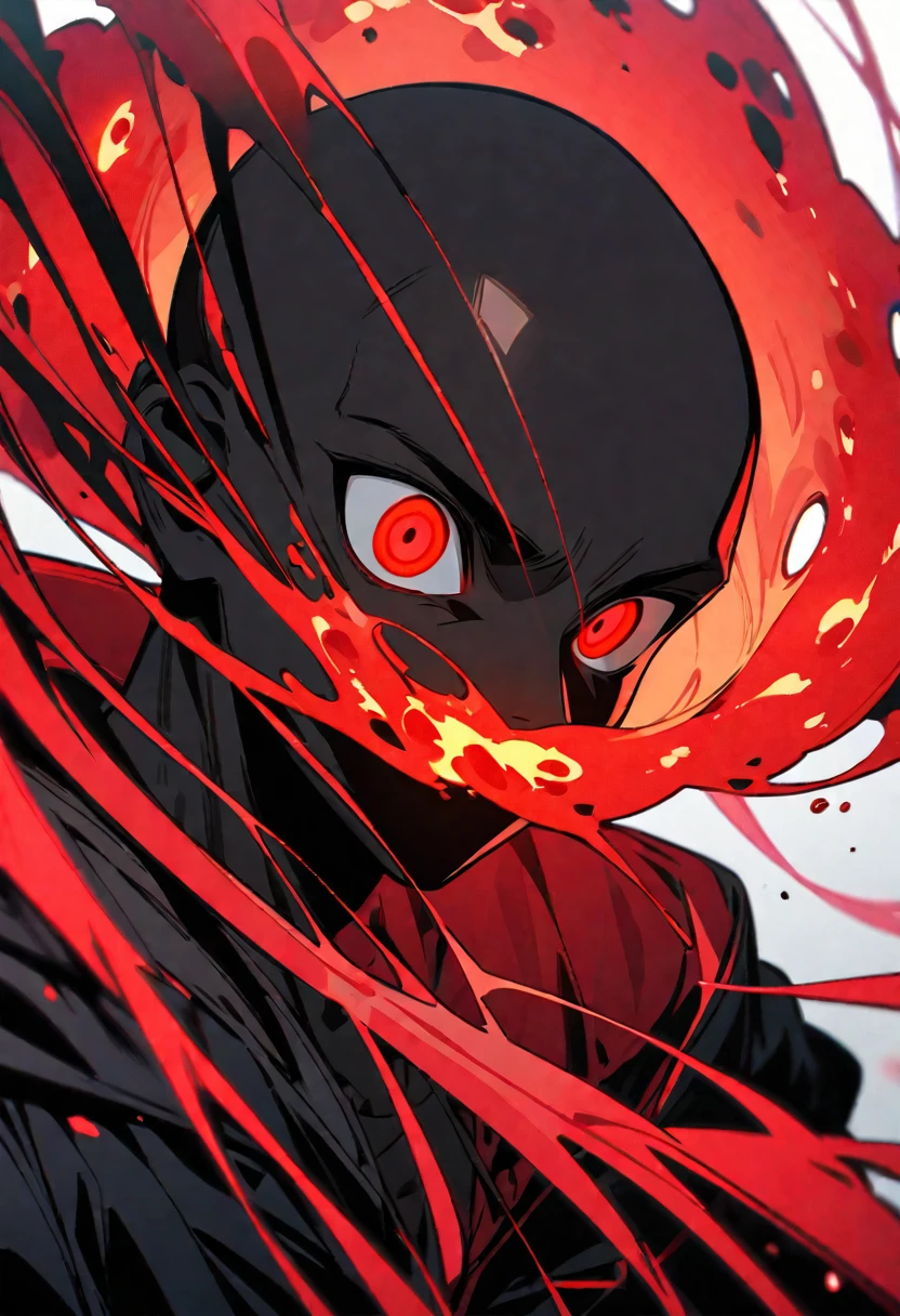 Glowing red black man with bioluminescence red eyes and background 
