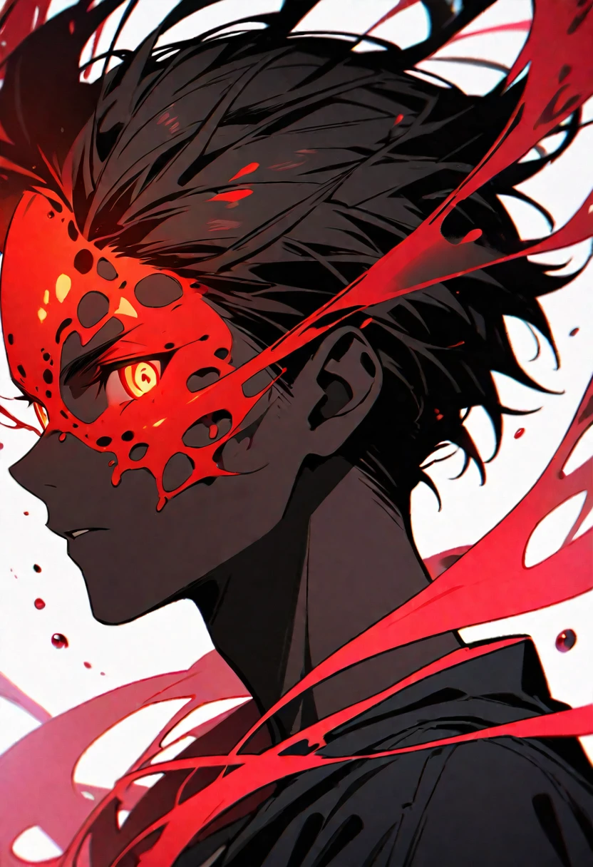 a male character, uncanny, with the entire stage covered in black scribbles, and your eyes scribbled with the color red, and a terrifying background behind it, the shadows trying to get close to him, anime style for phonk music thumbnail