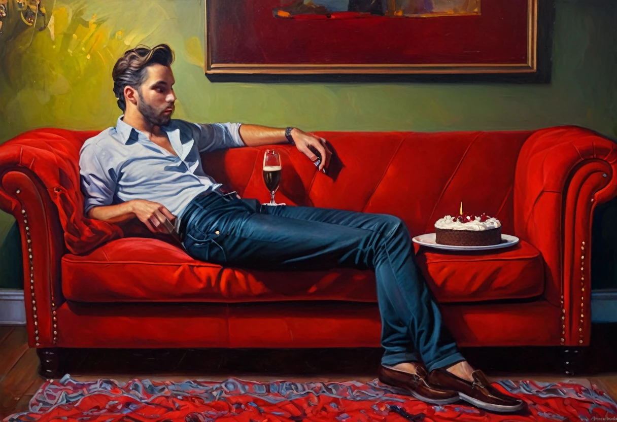 Painting of a man in pants, half lying on a red sofa with a cake and a bottle of beer on a coffee table nearby, sensual painting, romantic painting, John Moonan, John Alexander, dramatic painting, elegant oil painting, Pablo Munoz Gomez, seduction, Rob McNaughton, Magali Villeneuve, oil painting on canvas, Tom Bagshaw and Tom Richmond, stunning artwork