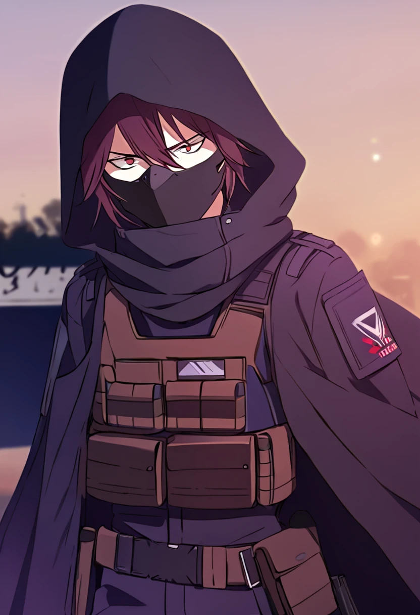 Anime male, black messy hair, white eyes, black facemask covering both mouth and nose, black hood, black long scarf, black cloak, tactical vest, black pants, black shirt, serious face expression, (best quality), Tactical outfit, one person, cool