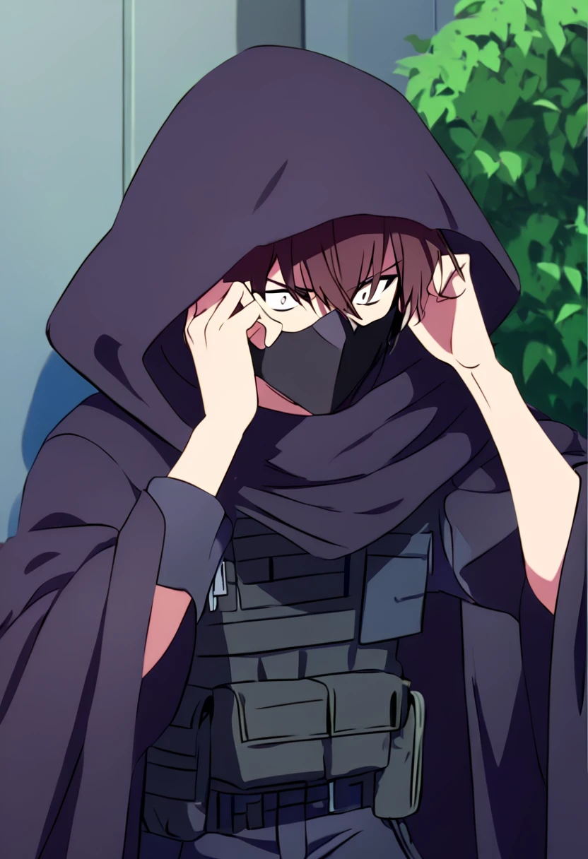 Anime male, black messy hair, white eyes, black facemask covering both mouth and nose, black hood, black long scarf, black cloak, tactical vest, black pants, black shirt, serious face expression, (best quality), Tactical outfit, one person, cool