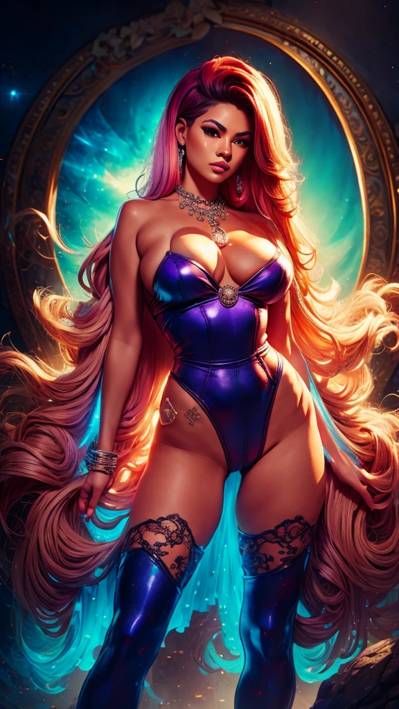 Full body of Latina Adult model Daisy Marie with colorful hair and necklace, ultrarealistic women with cosmic hair, Rossdraws' soft vitality, Guvez style artwork, fantasy art style, colorful], vibrant fantasy style, Rossdraws cartoon full of vitality, cosmic and colorful, Guweiz, colorful digital fantasy art, stunning art style, beautiful hyperrealistic style, full body lighting, skin brightening, sexy expression, sexy pose 