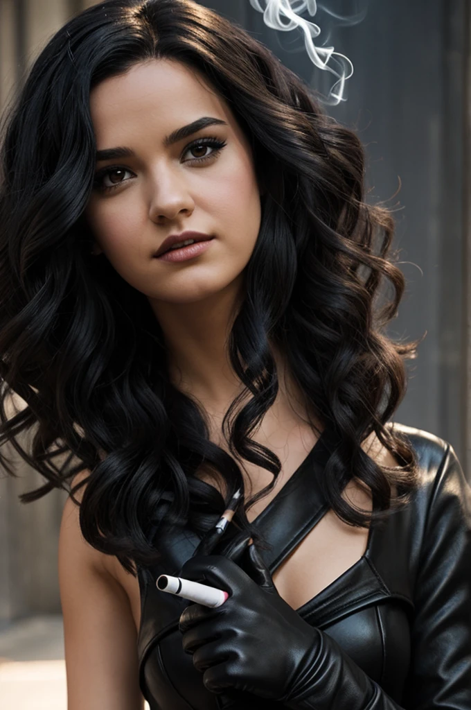 marvel comic panel midsize girl with black wavy hair and black eyes wearing a black dress and gloves,while holding a cigarette