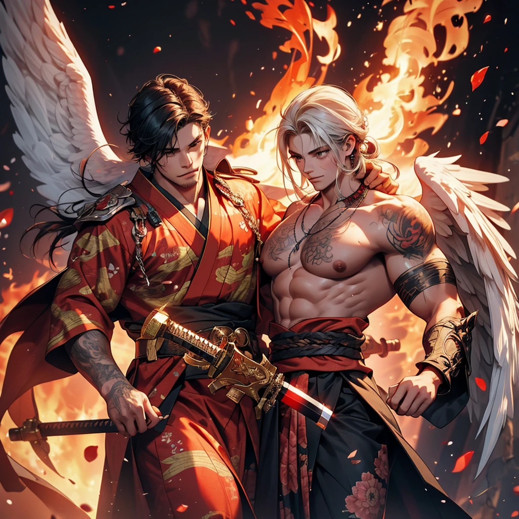 beautiful angel fighting with demon, tattoo, fire, sword, kimono, demon,