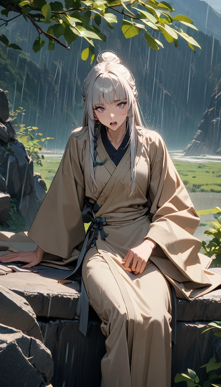 (((8K, RAW photos, best quality, masterpiece: 1.4))), (((((Boy on the road)))))，Ultra-high resolution, Extremely detailed, light, Upper body close-up, handsome boy, black eyes, (Lazy expression, Eyes are bright:1.2), Silver hair, Ancient style dress,, Beige robe, 一絲不苟的Beige robe, Simple accessories for clothes, Open your mouth and complain, (perfect anatomy:1.2), High-quality shadows, Natural Lighting, (During the Song Dynasty:1.2), daytime, cloudy day, (Rain wets the whole body:1.2), (Ancient mountain road:1.2)