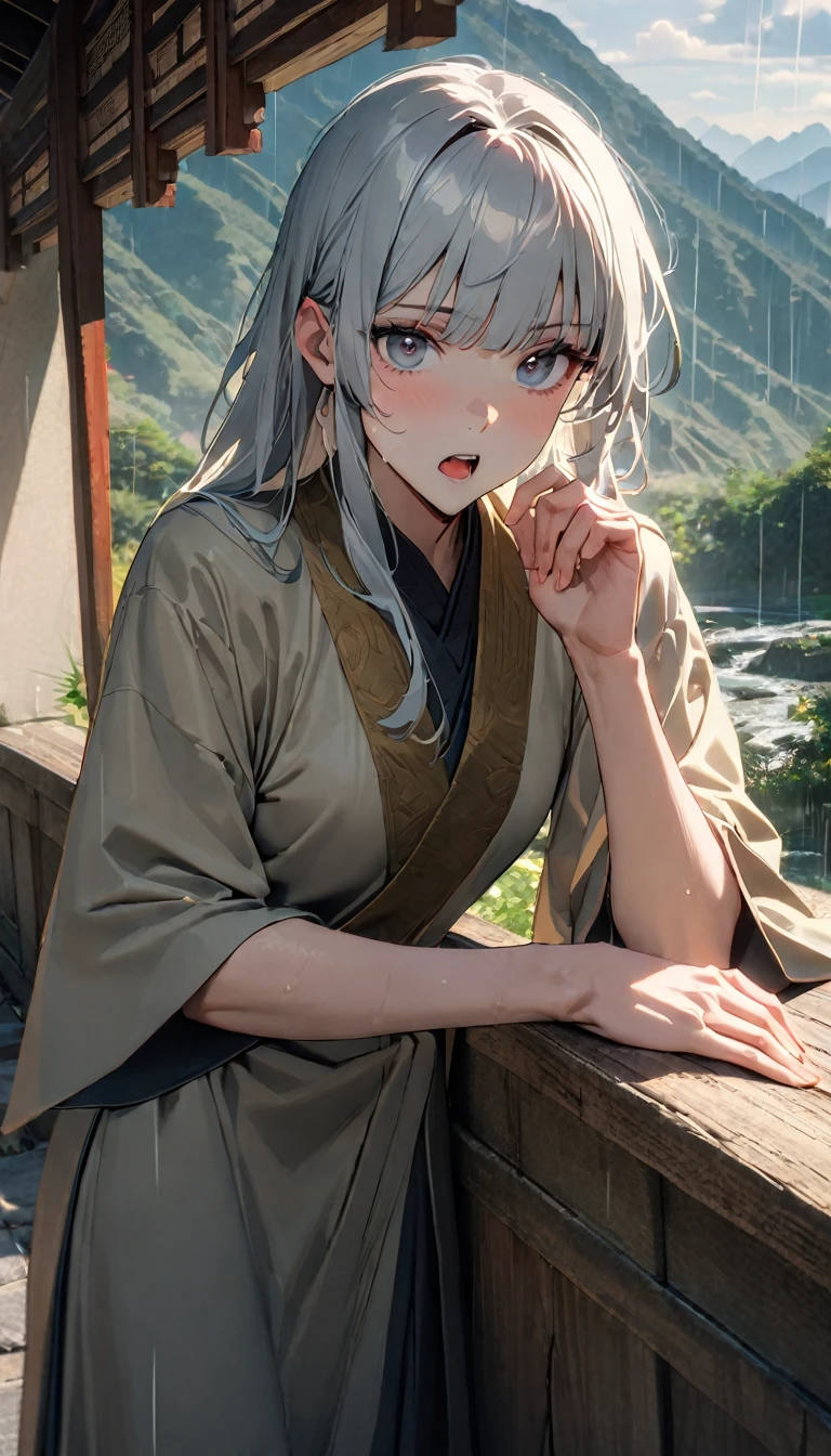 (((8K, RAW photos, best quality, masterpiece: 1.4))), (((((Boy on the road)))))，Ultra-high resolution, Extremely detailed, light, Upper body close-up, handsome boy, black eyes, (Lazy expression, Eyes are bright:1.2), Silver hair, Ancient style dress,, Beige robe, 一絲不苟的Beige robe, Simple accessories for clothes, Open your mouth and complain, (perfect anatomy:1.2), High-quality shadows, Natural Lighting, (During the Song Dynasty:1.2), daytime, cloudy day, (Rain wets the whole body:1.2), (Ancient mountain road:1.2)