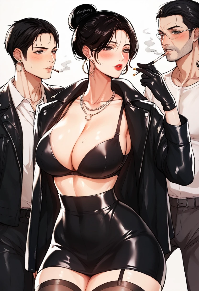 Hot sexy beautiful ganganster milf mom smoking cigarette and surrounded by old man ganganster,big long silver hoops earrings,black hair,hair bun,blush,black eyes, necklace ,one hair bun,hair brochure, lipstick, black leather jacket,black leather bra,black leather skirt, leather stockings, leather gloves, necklace chain,thin waist, black tattoo,hunter eyes,