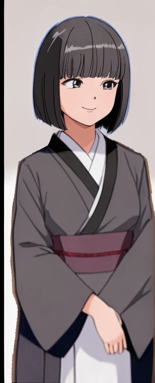 A girl with a bob haircut is wearing a kimono at a ryokan and is standing with her face and gaze turned to the side, her eyes slightly open and smiling.。