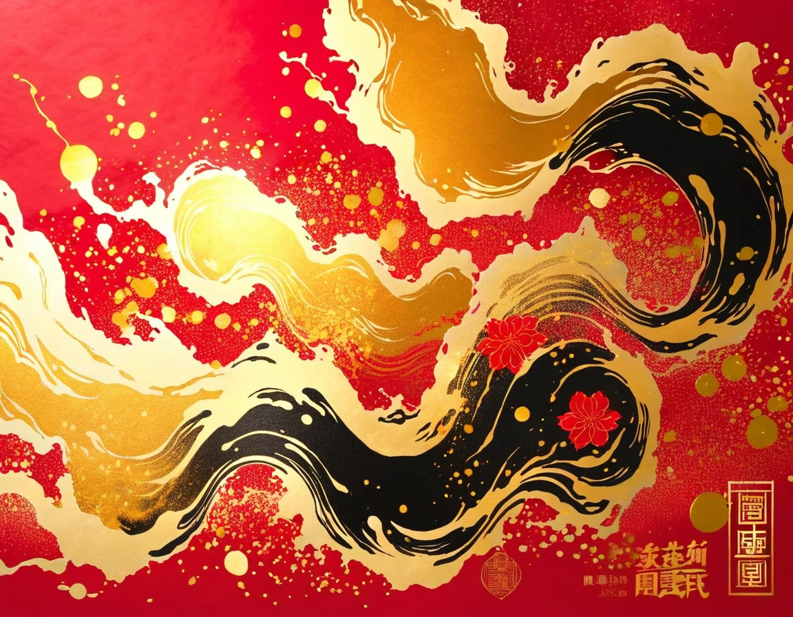 Golden ink ink stains on red paper for traditional Chinese New Year wallpaper,(ink splasting:0.4)