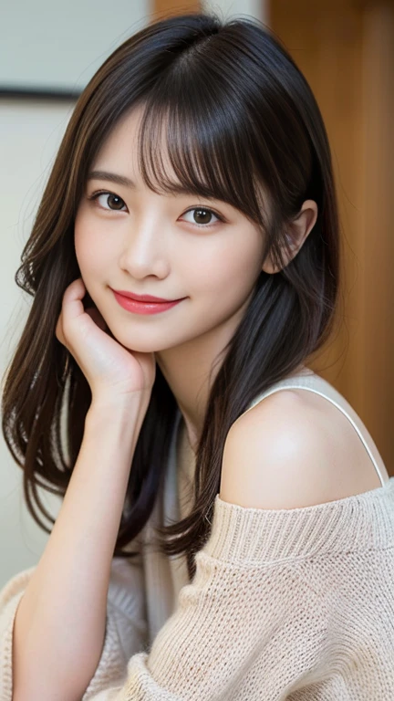 (masterpiece:1.3), (8k, Realistic, RAW Photos, Best image quality: 1.4), Japanese Girls、20-year-old、Realistic Skin、(Random hairstyle:1.2)、(Cleavage:0.8)、Highly detailed face、Eye for details、double eyelid、Sharp focus:1.2、(Cute Woman:1.4)、Light brown hair、bangs、Highest quality、Ultra-high resolution、(Realistic:1.4)、Highly detailed and professionally lit smiles、Loose, lightweight knitwear、thin、smile、Long Hair、Full body portrait