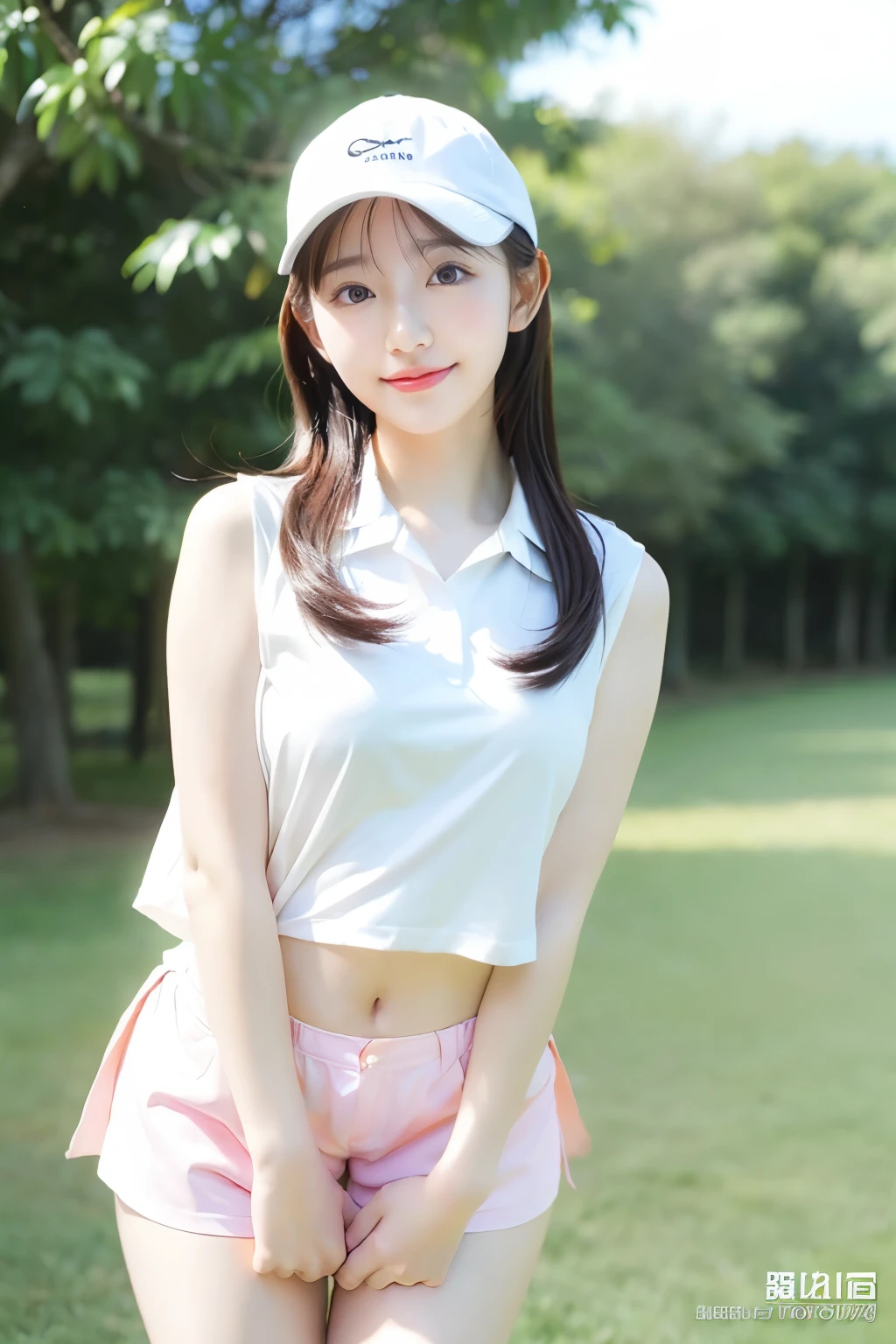 (Highest quality、masterpiece、8k、Best image quality、Award-winning works)、(1 female:1.1)、(alone:1.1)、(Perfect Stylish Golf Wear:1.1)、(White and pink gradient golf wear:1.1)、(Shorts:1.1)、 (Golf Cap:1.1)、(Voluptuous body:1.2)、(Very large breasts:1.2)、(Accentuate your body lines:1.1)、(Standing Elegantly:1.2)、(Accurate anatomy:1.2)、The best smile when he sees me、The most natural and perfect golf course、clear, Beautiful sky、Beautiful thunderclouds、Beautiful real grass、(Very bright and vivid:1.4)、(Bright and glowing skin:1.2)、(Strongly blurred background:1.2)、Upper body photo、Very bright、Perfect Makeup、Long eyelashes、Bright lipstick、Glossy lips、Ultra HD glossy skin、(Ultra-high resolution, bright and beautiful skin:1.4)、超高精細のGlossy lips、Ultra-high resolution beautiful teeth
