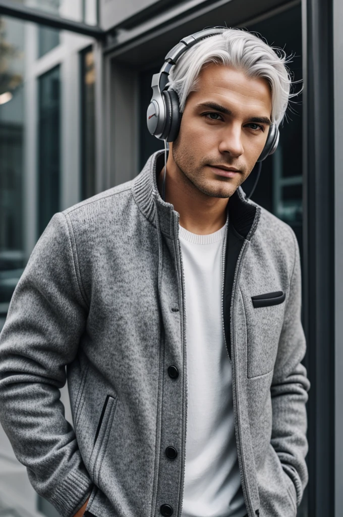 White haired, grey eyes, grey sweater, black jacket, hands in pockets, headphones around neck, boy