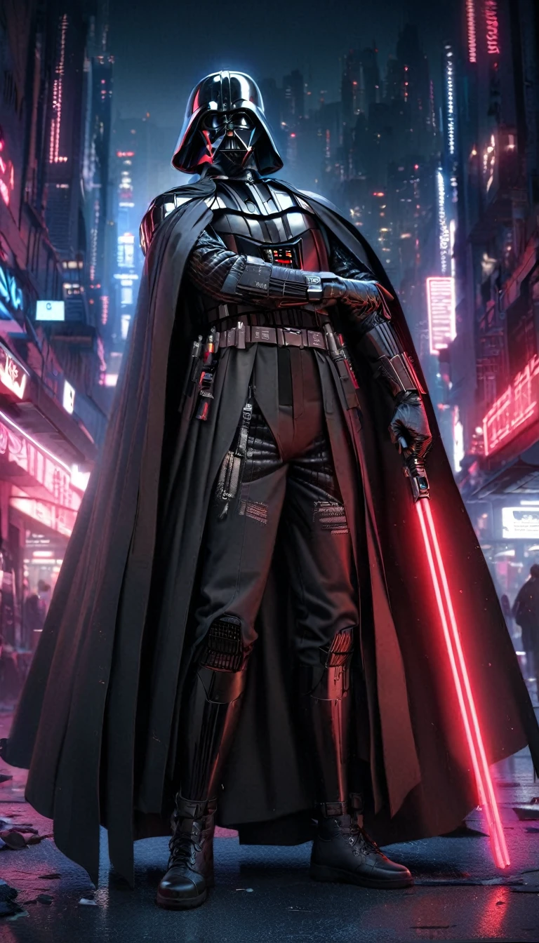 1boy,darth vader ,solo, Cyberpunk Style, (neon:1.2),masterpiece, intricate, highly detailed, majestic, digital photography, hdr, detailed cyberpunk background,bold eclectic styles, punk elements , holographic prints, metallic accents, man in Black_outfit,hood, hood_up, darth vader helmet,(cape:1.2),armor, shoulder armor, (denim:1.2), star wars, (night time),futuristic city,city street with neon signs and buildings on both sides of it at night time, holding  red light saber, broken arm, ,(photo, studio lighting, hard light, sony a7, 50 mm, matte skin, pores, colors, hyperdetailed, hyperrealistic),