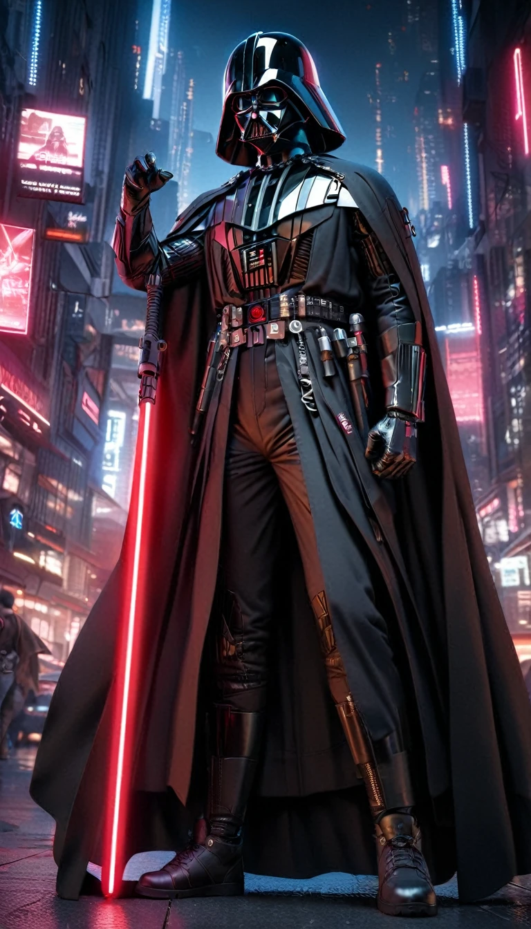 1boy,darth vader ,solo, Cyberpunk Style, (neon:1.2),masterpiece, intricate, highly detailed, majestic, digital photography, hdr, detailed cyberpunk background,bold eclectic styles, punk elements , holographic prints, metallic accents, man in Black_outfit,hood, hood_up, darth vader helmet,(cape:1.2),armor, shoulder armor, (denim:1.2), star wars, (night time),futuristic city,city street with neon signs and buildings on both sides of it at night time, holding  red light saber, broken arm, ,(photo, studio lighting, hard light, sony a7, 50 mm, matte skin, pores, colors, hyperdetailed, hyperrealistic),