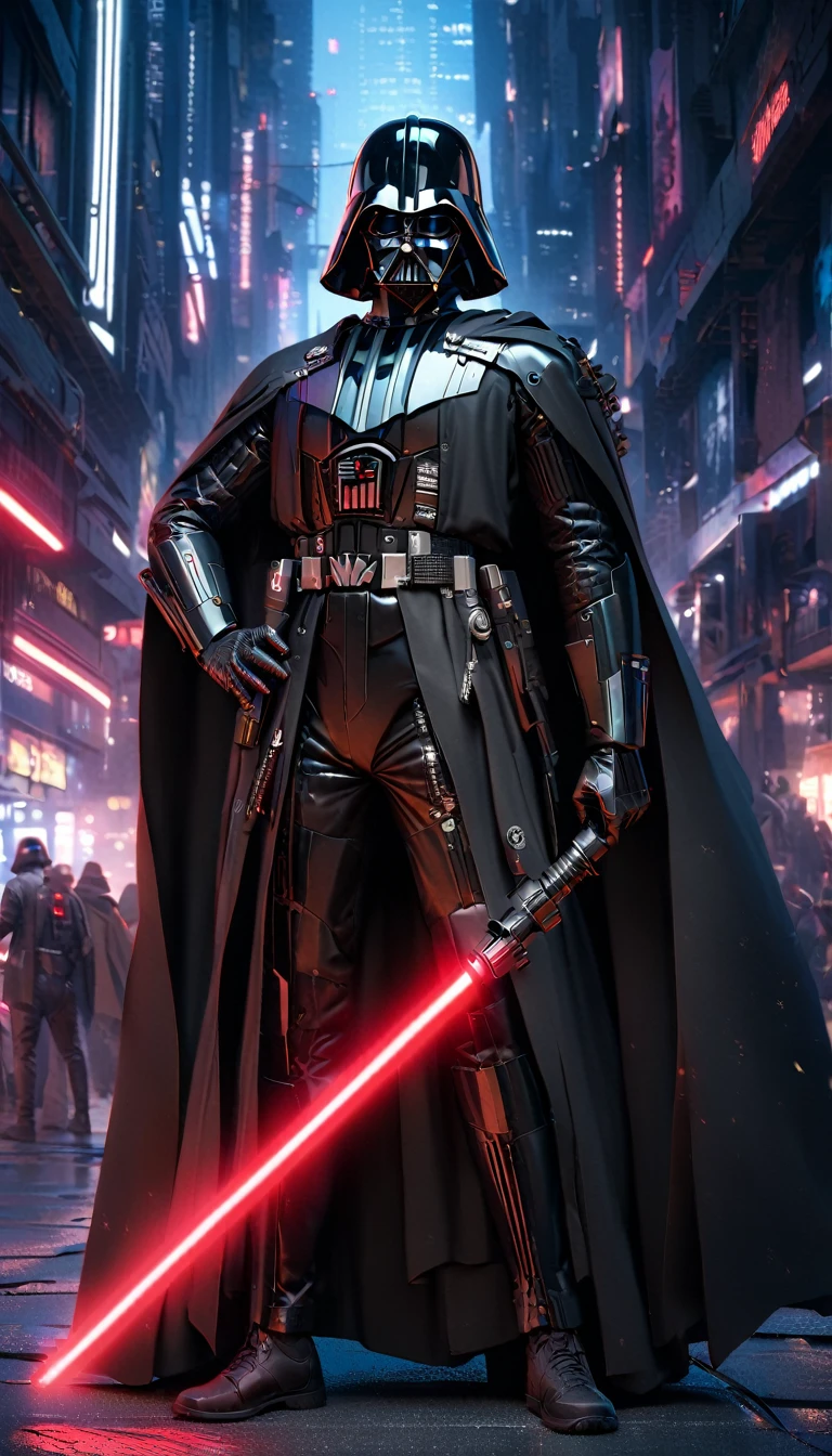 1boy,darth vader ,solo, Cyberpunk Style, (neon:1.2),masterpiece, intricate, highly detailed, majestic, digital photography, hdr, detailed cyberpunk background,bold eclectic styles, punk elements , holographic prints, metallic accents, man in Black_outfit,hood, hood_up, darth vader helmet,(cape:1.2),armor, shoulder armor, (denim:1.2), star wars, (night time),futuristic city,city street with neon signs and buildings on both sides of it at night time, holding  red light saber, broken arm, ,(photo, studio lighting, hard light, sony a7, 50 mm, matte skin, pores, colors, hyperdetailed, hyperrealistic),