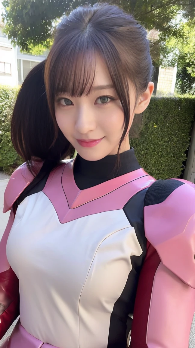 （super highest quality、In 8K、Masseter muscle area、Delicate illustrations、Upper Body:1.5）,Wearing a dark pink and white combat suit:1.5、A beautiful and attractive 25-year-old Japanese woman、Plump body、H Cup:1.5,Black hair ponytail、smile