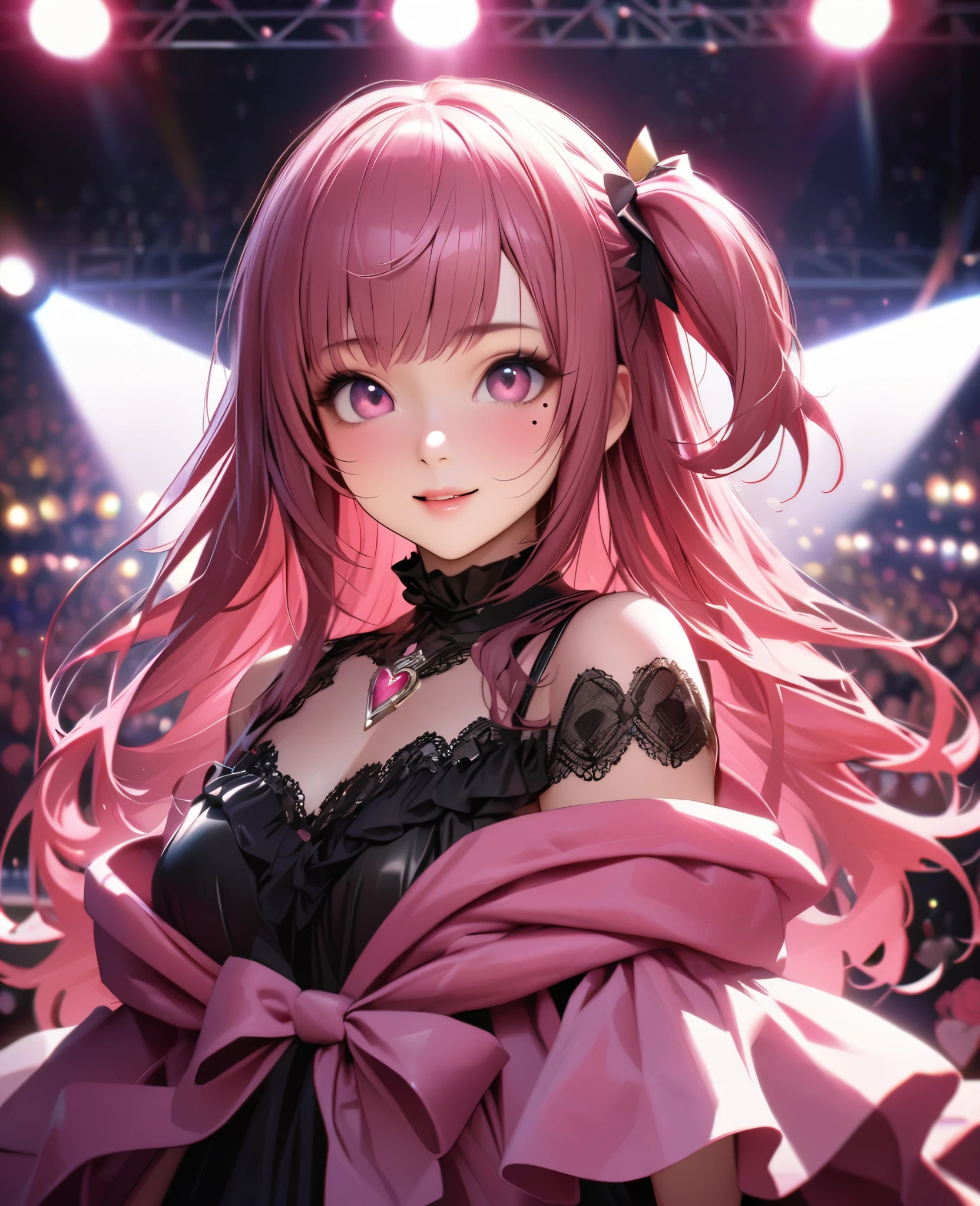 One Girl、Looking at the audience、
Beautiful pink eyes、Pink one side up hair, Mole under the eye、Plump and glossy lips、Heart-shaped choca、Idol、Her name is Rico,smile、ー、。.。.。.。.。.。.。.。.。.。.。.。.。.。.。.。.。.。.3D、Realistic、
off shoulder dress, Drape clothes、gem、The decoration has been removed、Floral、Lace trim,On a glittering stage、
masterpiece、highest quality、8k、Detailed skin texture、Detailed cloth texture、Beautifully detailed face、Intricate details、Very detailed、
超A high resolution、8k Ultra HD、Film Grain、Best Shadow、delicate、Gazing at the audience、front