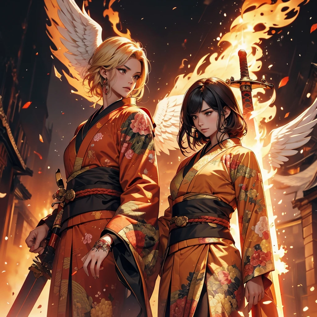beautiful angel fighting with demon, tattoo, fire, sword, kimono, demon, many shades of yellow