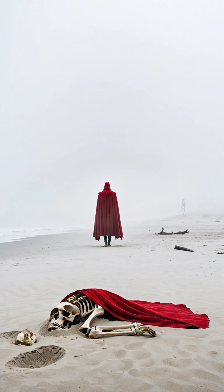 (Huge human bones lying on the sand), an eerie beach scene shrouded in fog. The human bones are huge, weathered, and partially buried in the sand. In the foreground, a figure in a red cape stands with his back to the viewer, staring at the skeleton. The atmosphere is mysterious and surreal, and fog obscures the distant background.