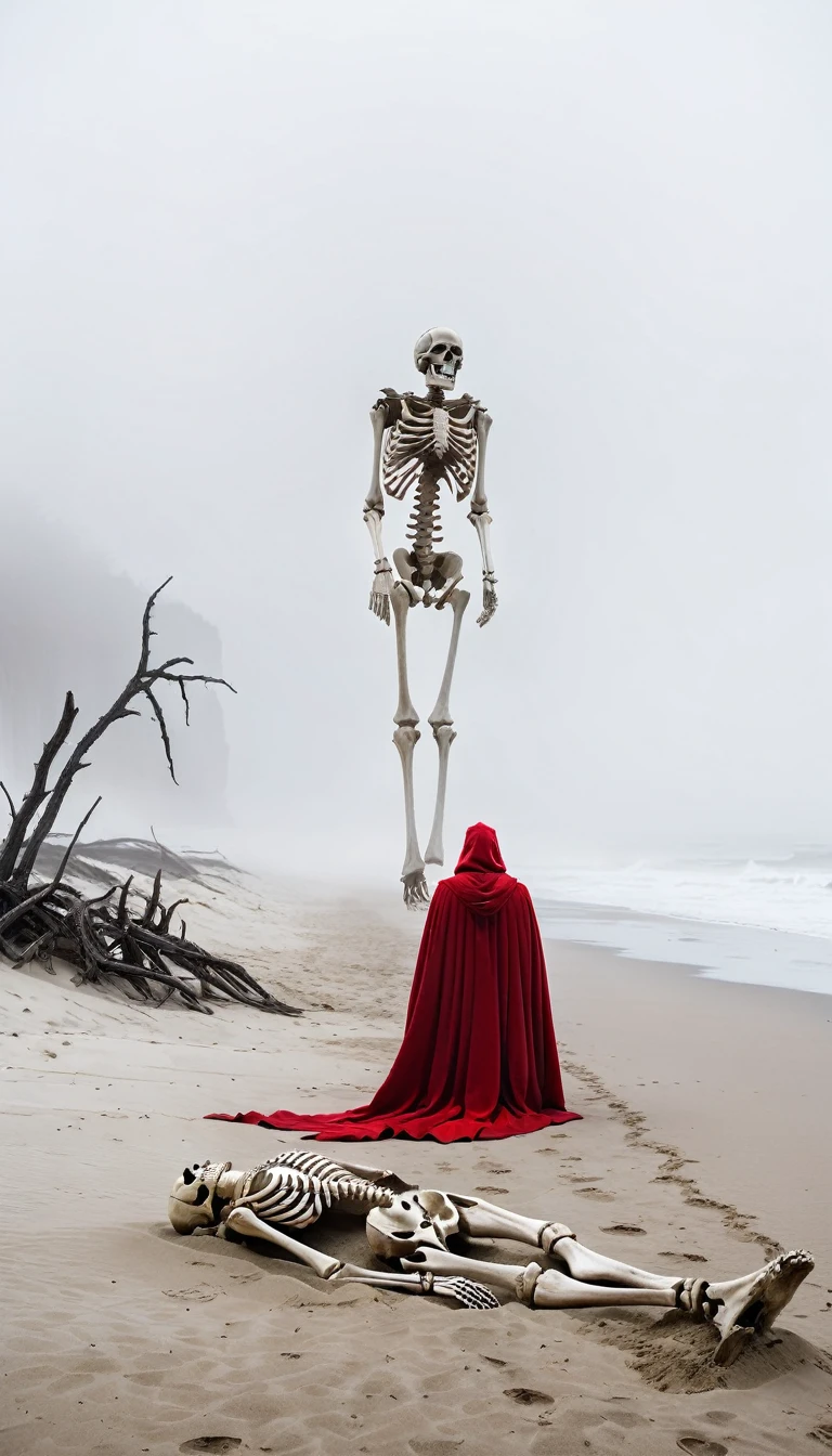 (Huge human bones lying on the sand), an eerie beach scene shrouded in fog. The human bones are huge, weathered, and partially buried in the sand. In the foreground, a figure in a red cape stands with his back to the viewer, staring at the skeleton. The atmosphere is mysterious and surreal, and fog obscures the distant background.