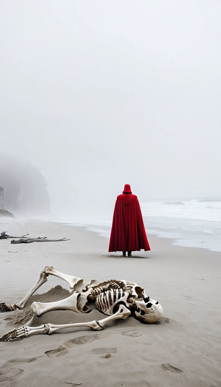 (Huge human bones lying on the sand), an eerie beach scene shrouded in fog. The human bones are huge, weathered, and partially buried in the sand. In the foreground, a figure in a red cape stands with his back to the viewer, staring at the skeleton. The atmosphere is mysterious and surreal, and fog obscures the distant background.