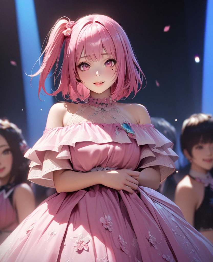 One Girl、Looking at the audience、
Beautiful pink eyes、Pink one side up hair, Mole under the eye、Plump and glossy lips、Heart-shaped choca、Idol、Her name is Rico,smile、ー、。.。.。.。.。.。.。.。.。.。.。.。.。.。.。.。.。.。.3D、Realistic、
off shoulder dress, Drape clothes、gem、The decoration has been removed、Floral、Lace trim,On a glittering stage、
masterpiece、highest quality、8k、Detailed skin texture、Detailed cloth texture、Beautifully detailed face、Intricate details、Very detailed、
超A high resolution、8k Ultra HD、Film Grain、Best Shadow、delicate、Gazing at the audience、front