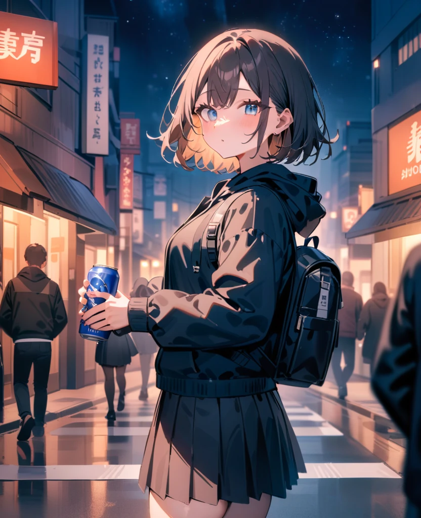 masterpiece, best quality, very aesthetic, absurdres, newest, 1girl, solo, looking at viewer, short hair, skirt, long sleeves, holding, jacket, brown hair, cowboy shot, skirt, outdoors, open clothes, sky, solo focus, hood, black skirt, bag, open jacket, black jacket, blue eyes, hoodie, night, backpack, building, star \(sky\), night sky, hooded jacket, starry sky, city, can, road, holding can, crosswalk