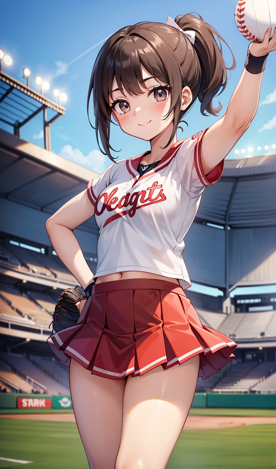 woman。(Baseball Cheergirls)。smile、Dark brown ponytail、(Baseball stadium seating)。(Baseball Cheergirlsのユニフォーム:1.2)、Baseball stadium seating。(Baseball Cheerleader Uniform)。competition、Perfect hands、Facing the audience、raise one leg slightly