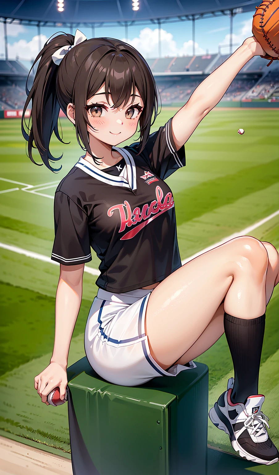 woman。(Baseball Cheergirls)。smile、Dark brown ponytail、(Baseball stadium seating)。(Baseball Cheergirlsのユニフォーム:1.2)、Baseball stadium seating。(Baseball Cheerleader Uniform)。competition、Perfect hands、Facing the audience、raise one leg slightly
