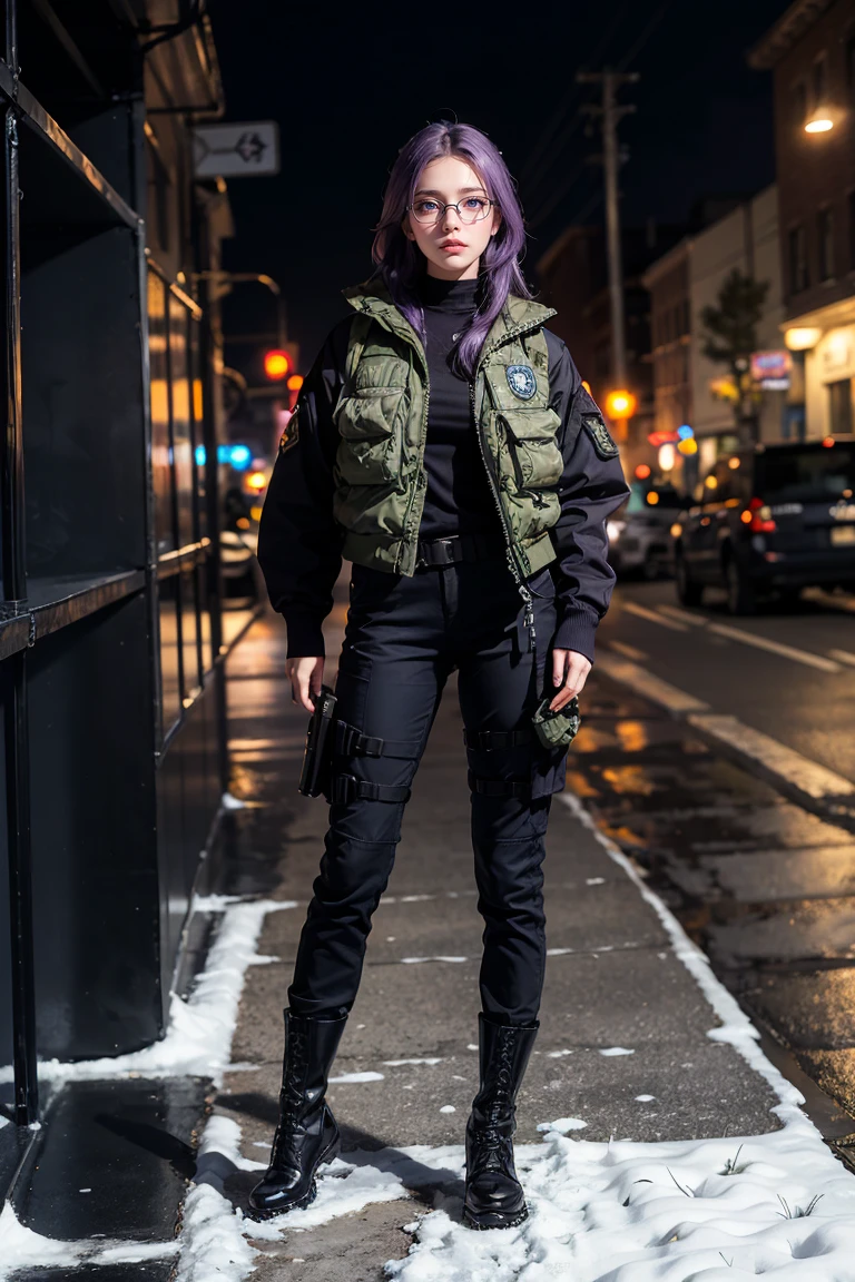 ((best quality)), ((masterpiece)), (detailed), perfect face, 1 girl, purple hair, blue beautiful eyes, tactical gear, military, black military pants, black military boots, black military jacket, military tactical vest, city. Night, winter, glasses, realistic, ultra-detailed, HDR 4k, full body