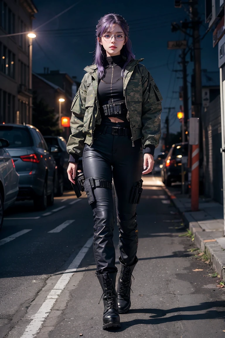 ((best quality)), ((masterpiece)), (detailed), perfect face, 1 girl, purple hair, blue beautiful eyes, tactical gear, military, black military pants, black military boots, black military jacket, military tactical vest, city. Night, winter, glasses, realistic, ultra-detailed, HDR 4k, full body