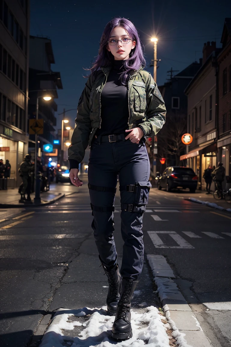 ((best quality)), ((masterpiece)), (detailed), perfect face, 1 girl, purple hair, blue beautiful eyes, tactical gear, military, black military pants, black military boots, black military jacket, military tactical vest, city. Night, winter, glasses, realistic, ultra-detailed, HDR 4k, full body